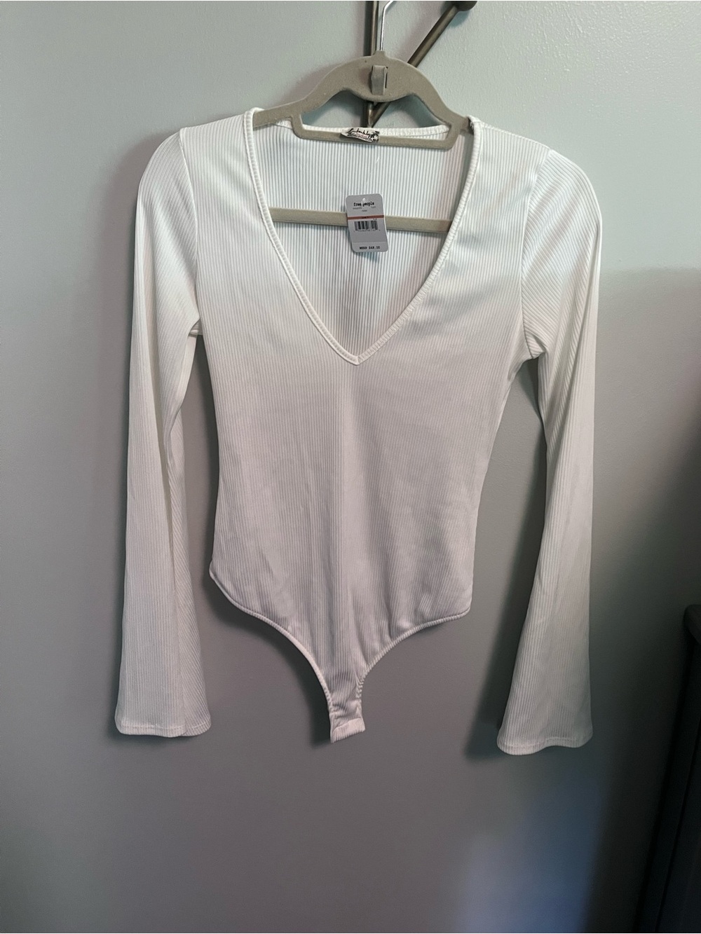 Free People White Ribbed V-Neck Long Sleeve Bodysuit